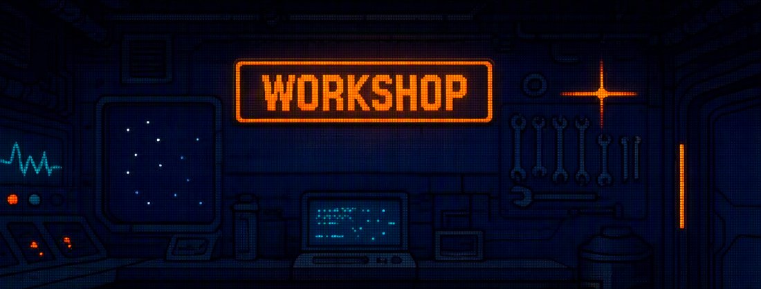 The Workshop, where players craft Attachments and Boosts from salvaged tech across three faction tech trees